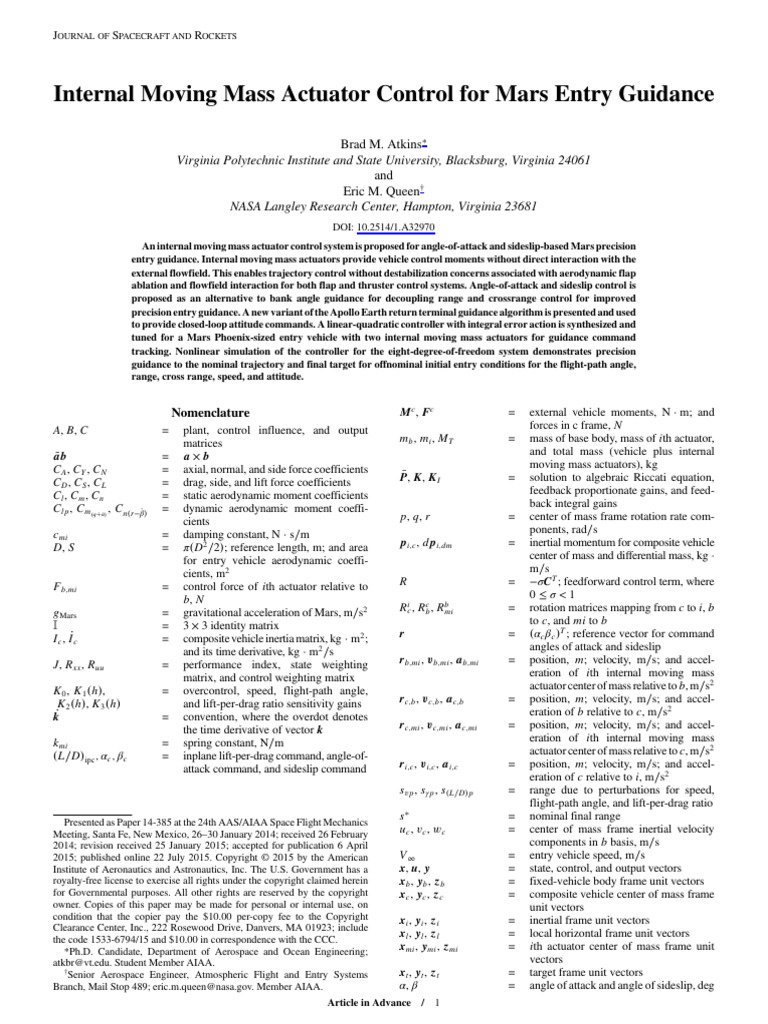 Internal Moving Mass Actuator Control For Mars Entry Guidance | PDF ...