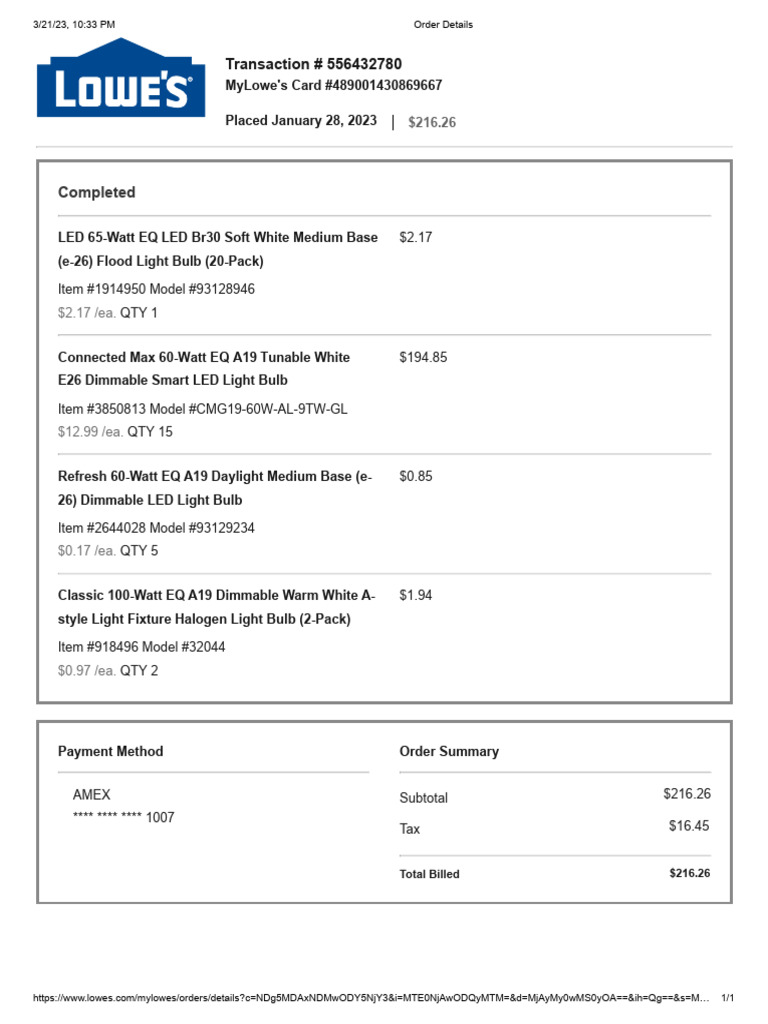 Lowe's Order Summary for Light Bulbs | PDF