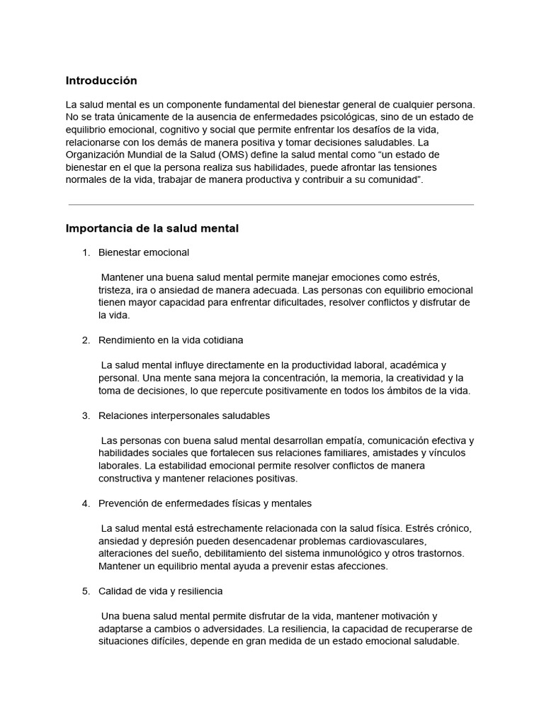 Importancia de la Salud Mental en la Vida | PDF | Salud mental | Las ...