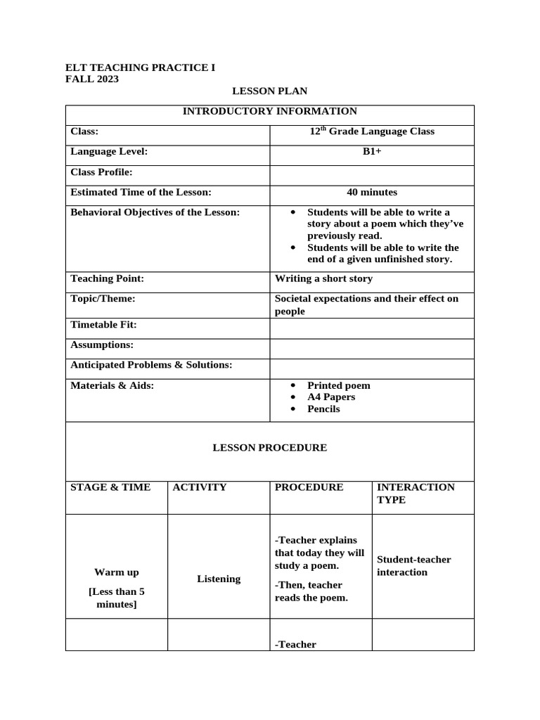 12th Grade Short Story Lesson Plan | PDF | Lesson Plan | Learning