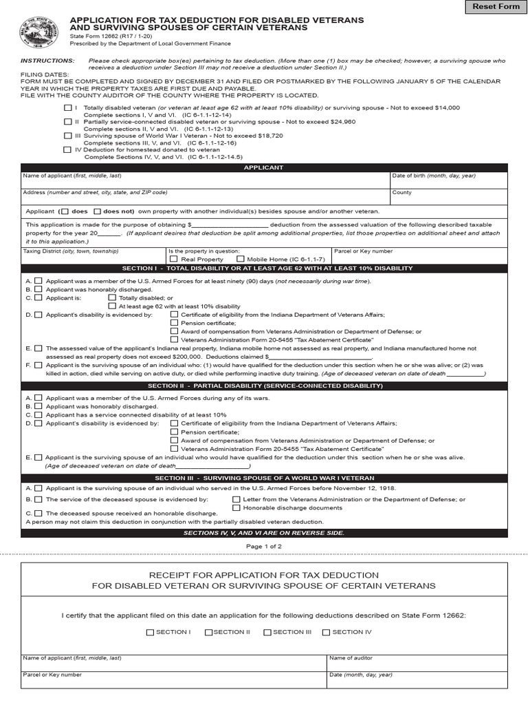 Indiana Tax Deduction Application for Veterans | PDF | Tax Deduction ...