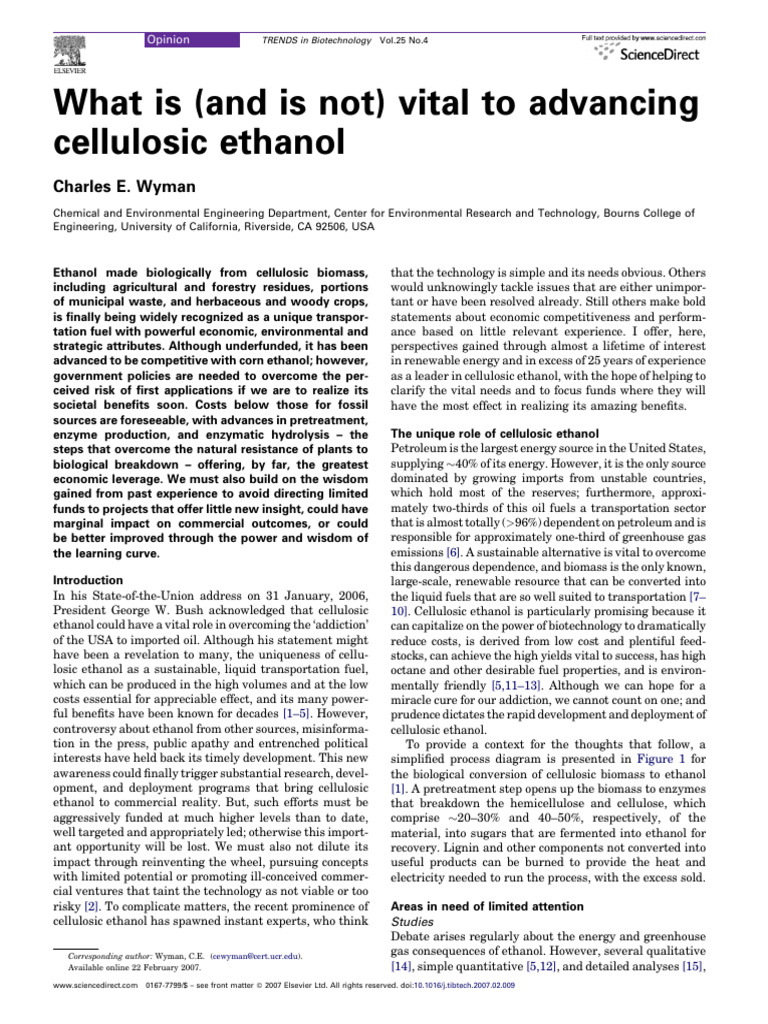 Advancing Cellulosic Ethanol Technology | PDF | Cellulosic Ethanol ...