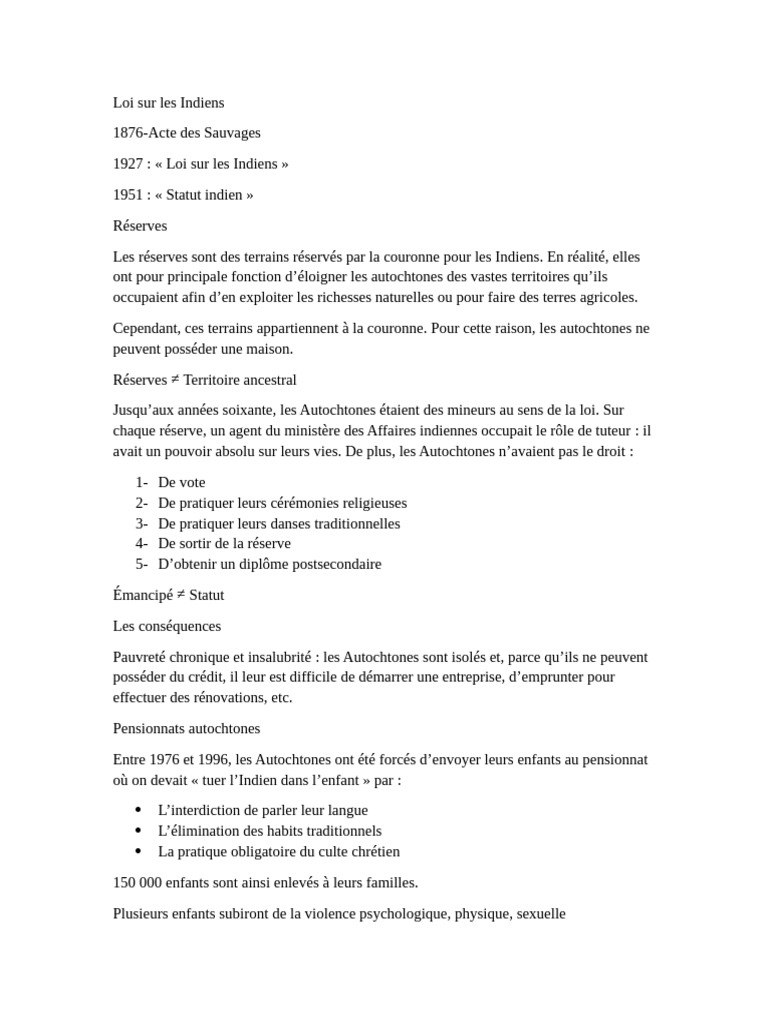 Impact des lois sur les Autochtones au Canada | PDF