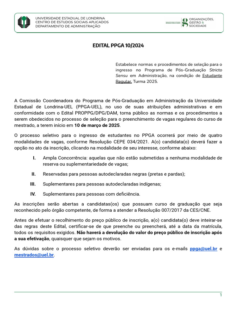 Edital PPGA 2024: Seleção Mestrado UEL | PDF | Pós-graduação