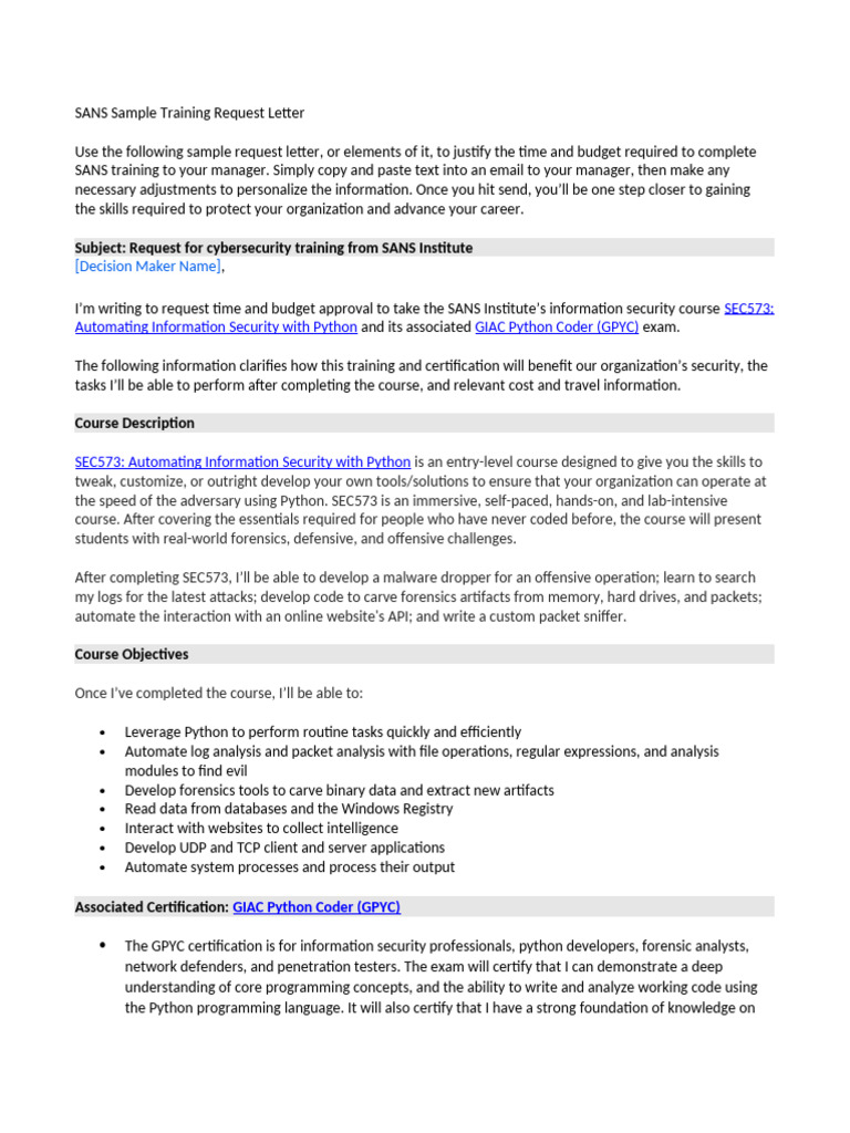 SANS SEC573 Training Request Letter | PDF | Python (Programming ...