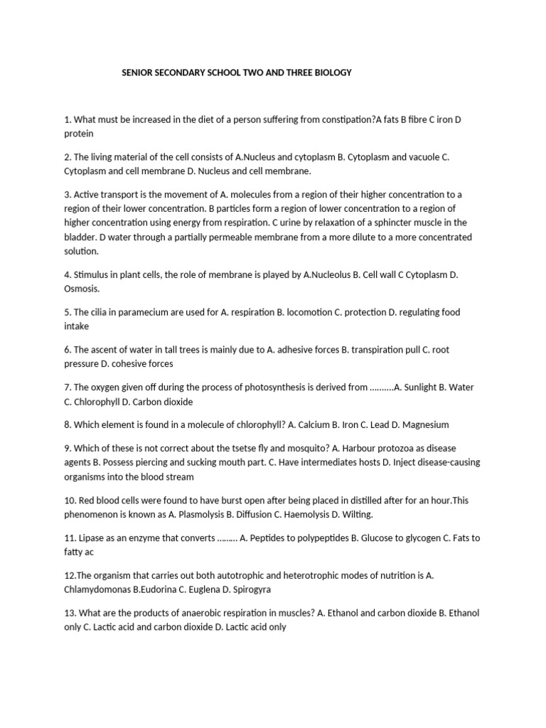 Senior Secondary Biology Exam Guide | PDF | Respiratory System | Food Web