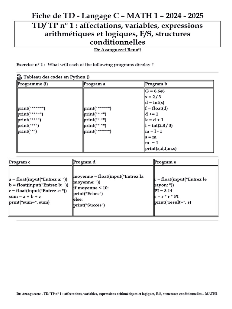 TD Python : Variables et Structures Conditionnelles | PDF | Gravité ...