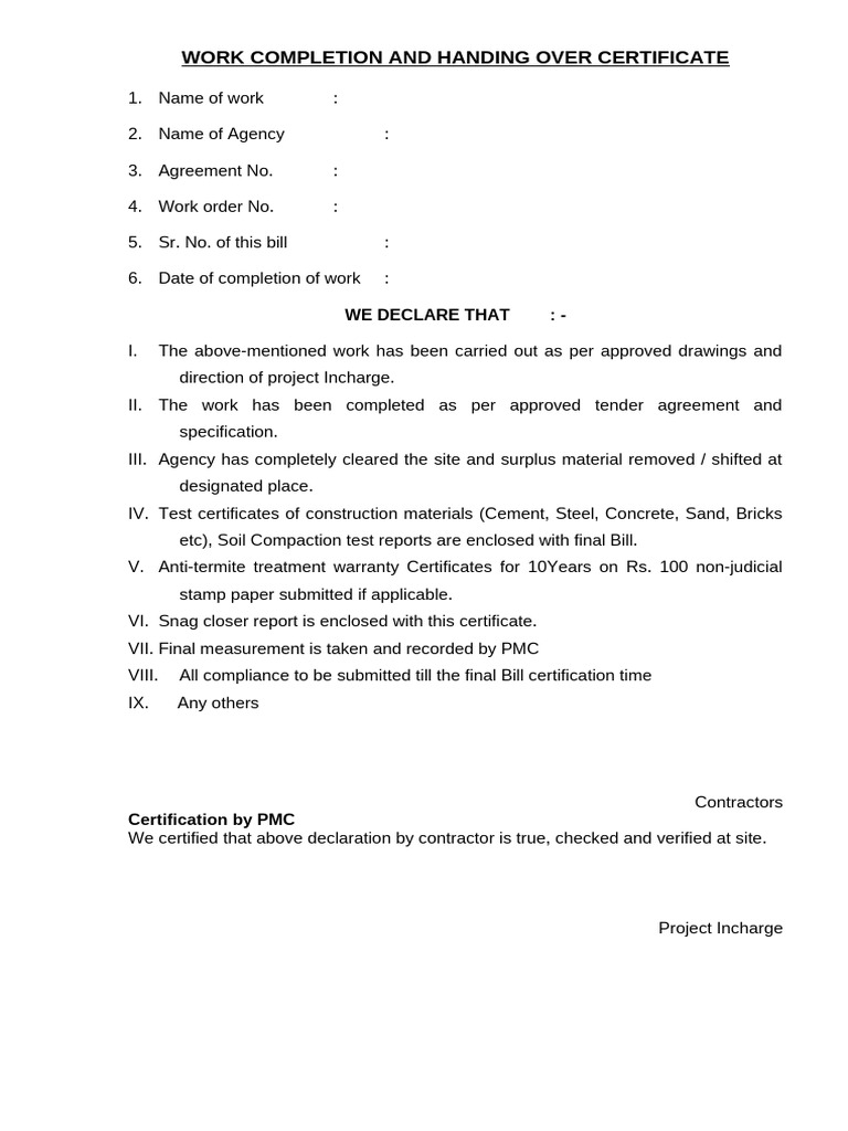Work Completion Certificate Template | PDF