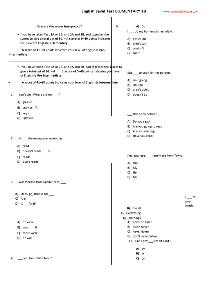 English Level Test: Elementary 1B | PDF | Chess | Chess Theory