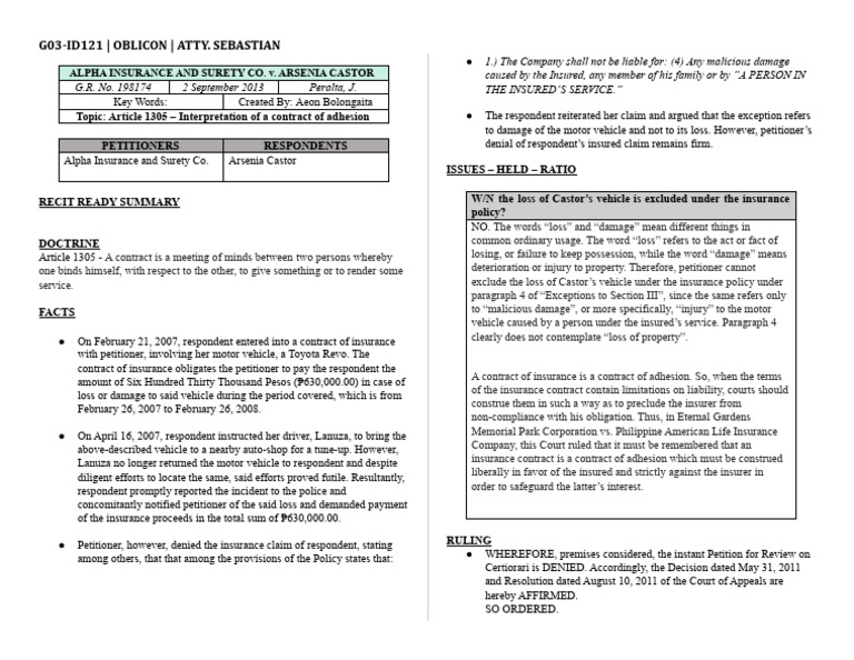 Alpha Insurance and Surety Co. v. Arsenia Castor | PDF | Insurance ...