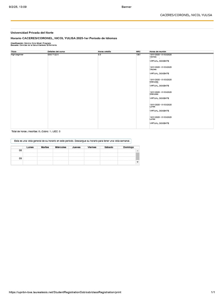 Horario de Idiomas 2025 - Enfermería UPN | PDF