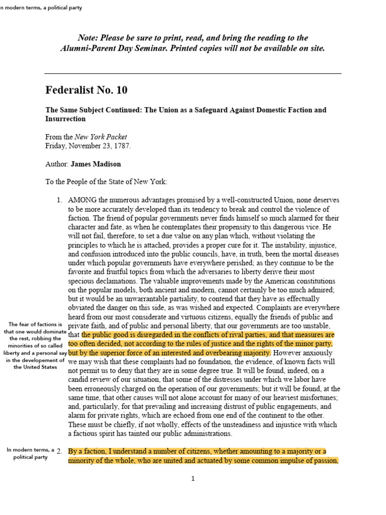 Understanding Federalist No. 10 and 51 | PDF | Democracy | Political ...