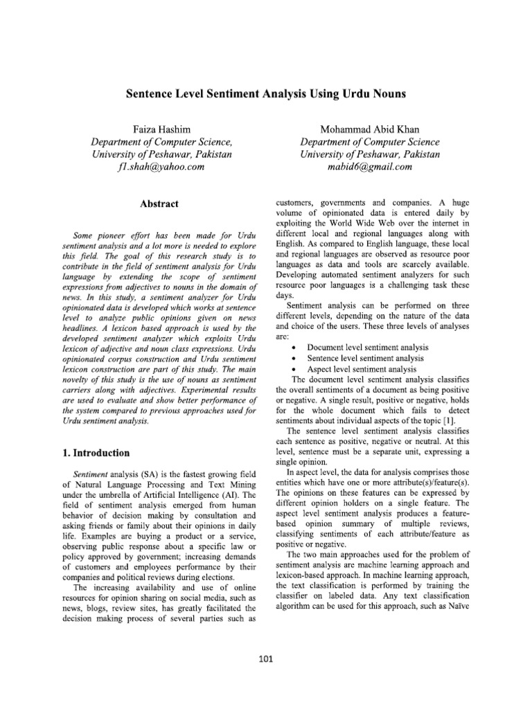Sentence Level Sentiment Analysis Using Urdu Nouns | PDF