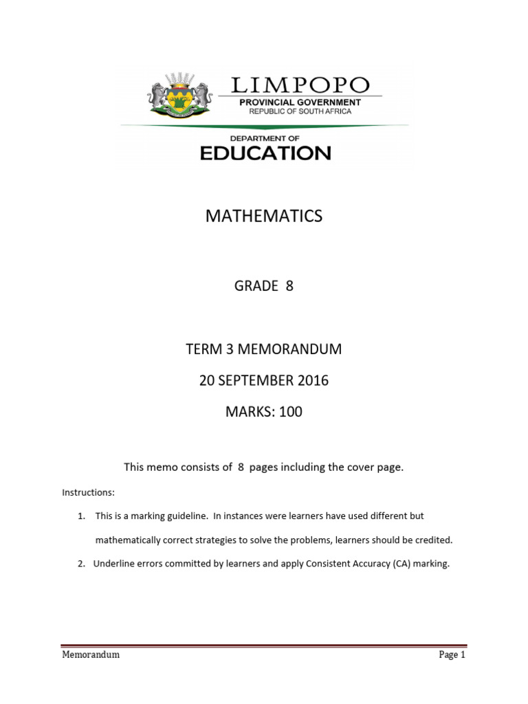 Grade 8 Term 3 Mathematics Memo | PDF | Mathematics | Arithmetic