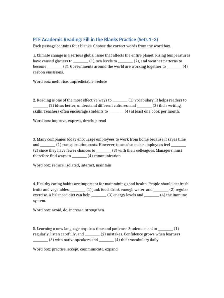PTE Academic Reading: Fill in the Blanks | PDF | Healthy Diet | Climate ...