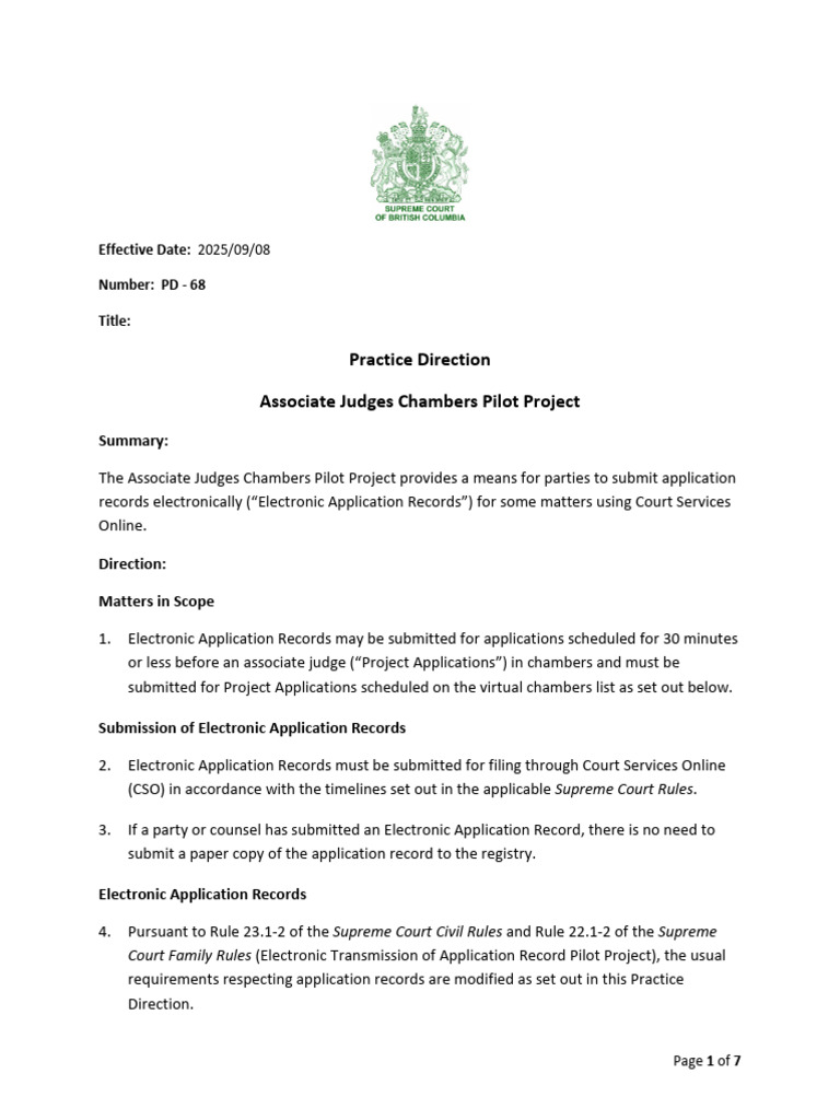 Associate Judges Chambers Pilot Project | PDF | Supreme Court Of The ...