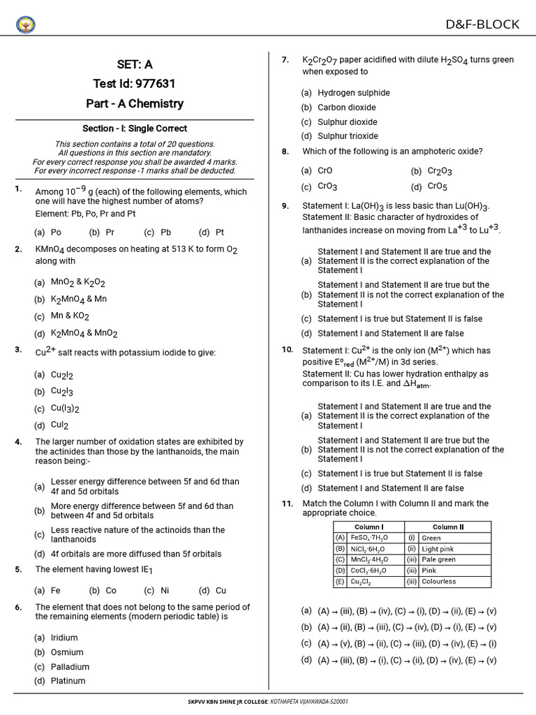 D - F - BLOCK A TestPaper 1761200218 | PDF | Hydroxide | Chemical Elements