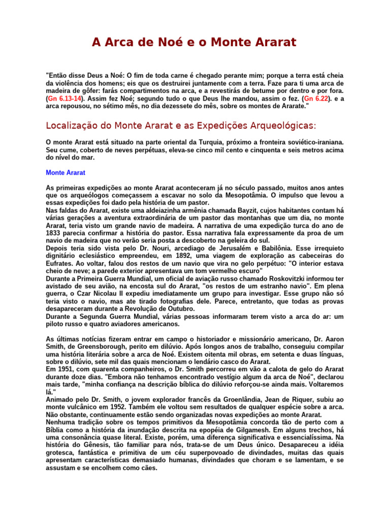 A Arca de Noé e o Monte Ararat | PDF | Mito do Dilúvio | Bíblia