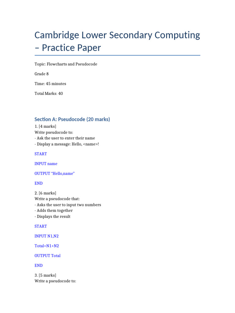 Grade 8 Flowcharts & Pseudocode Practice | PDF