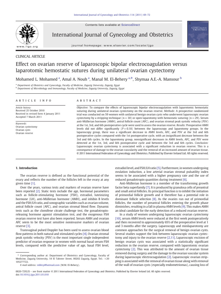 Intl J Gynecology Obste - 2011 - Mohamed - Effect On Ovarian Reserve of ...