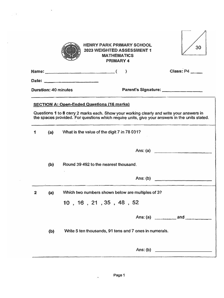 Primary 4 Math Assessment 2023 | PDF