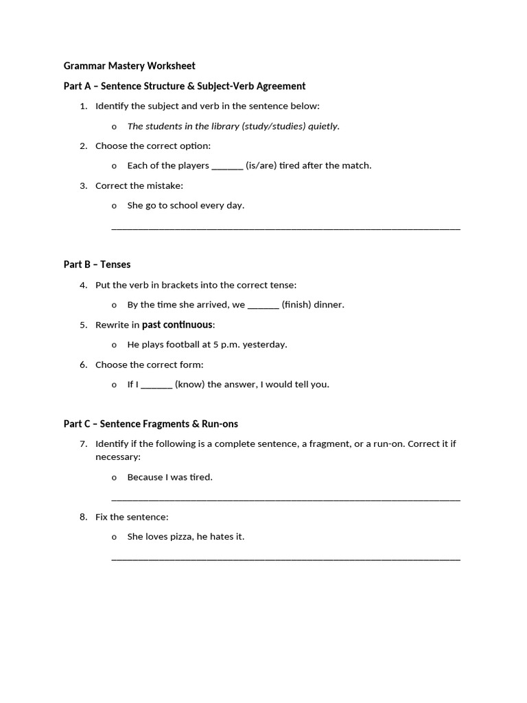 Grammar Mastery Worksheet | PDF