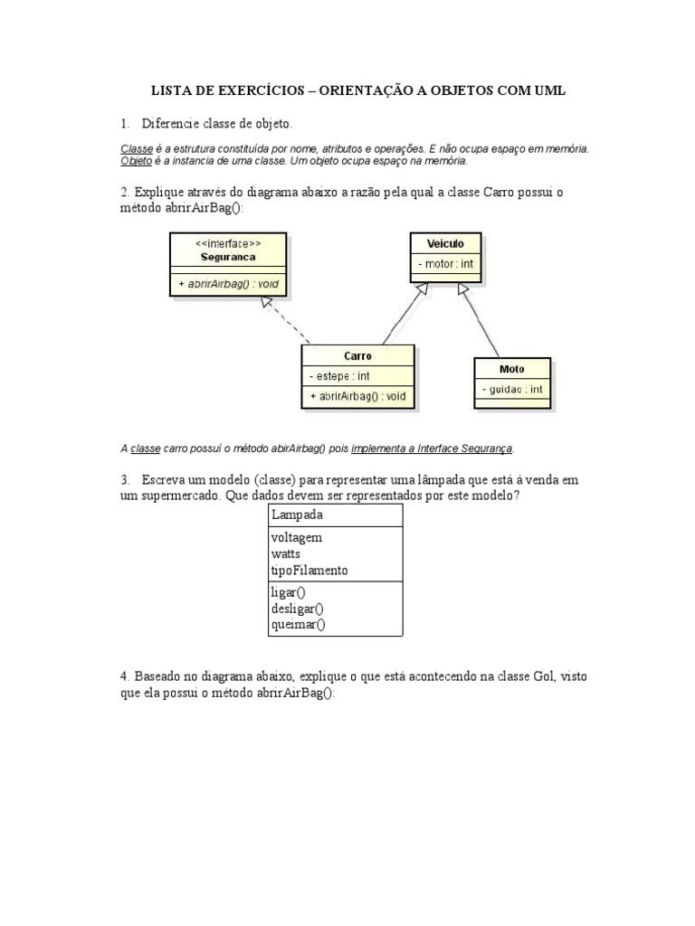 Exercícios de UML e Orientação a Objetos | PDF | Classe (programação de ...