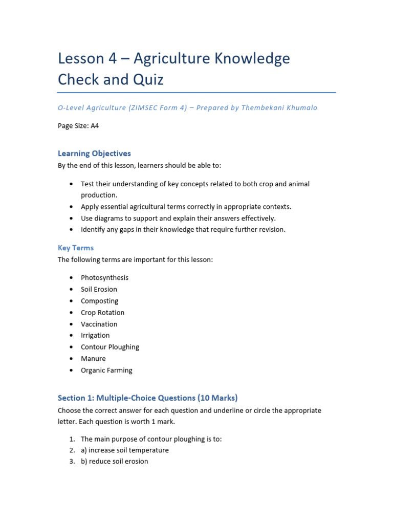 O-Level Agriculture Quiz and Review Guide | PDF | Fertilizer | Soil