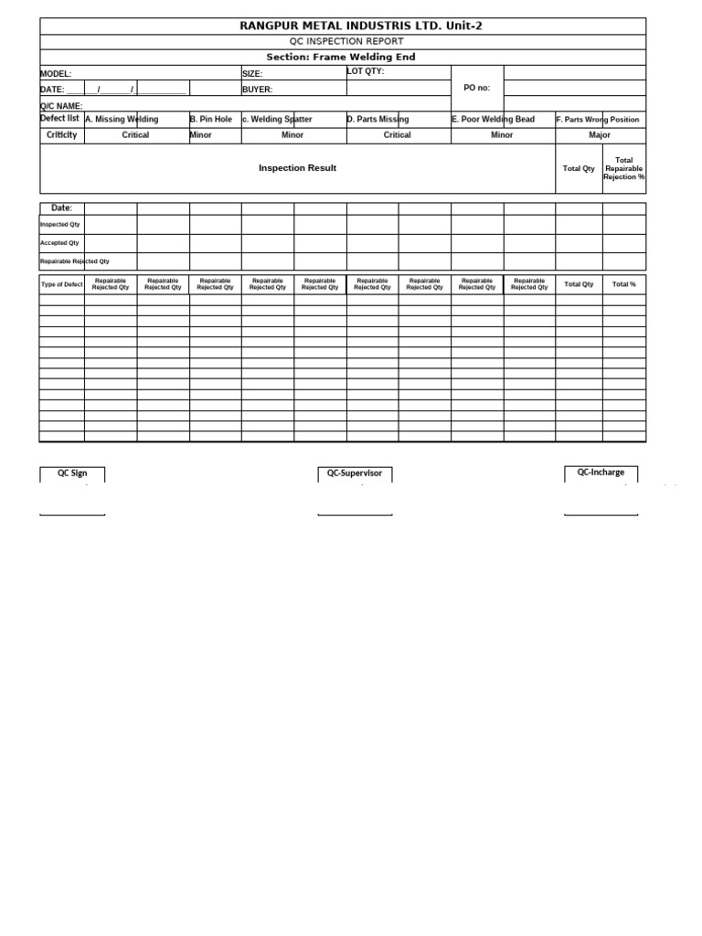 Frame Welding QC Inspection Report | PDF | Mechanical Engineering ...