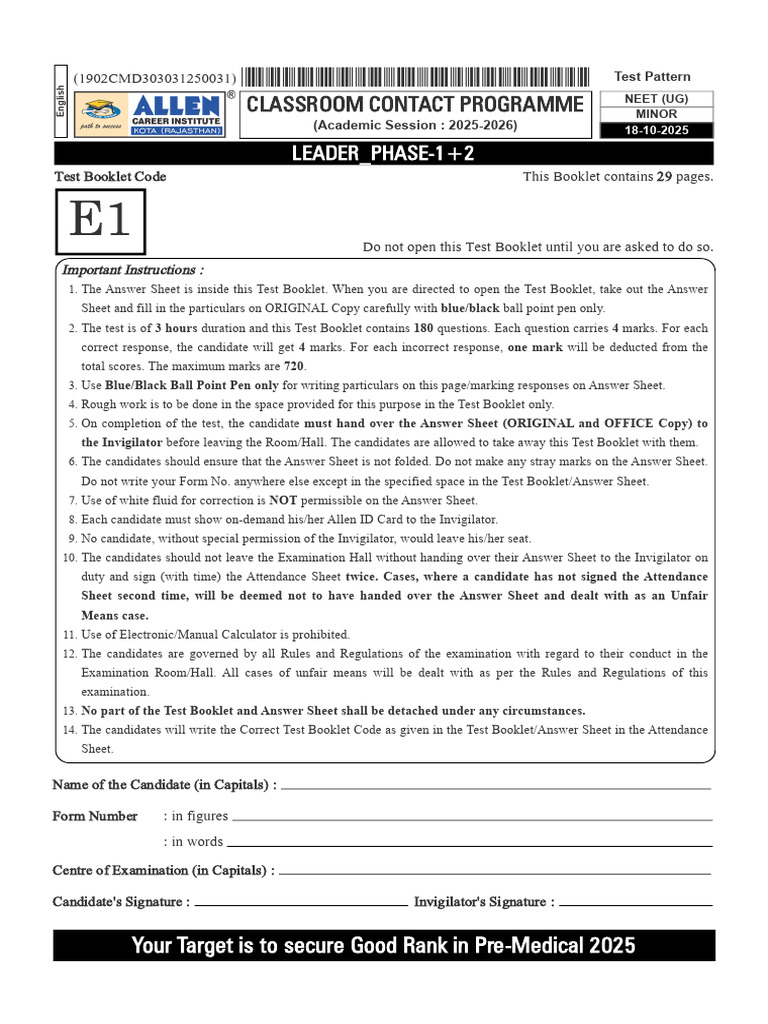 NEET UG 2025 Physics Test Booklet | PDF | Collision | Rotation Around A ...
