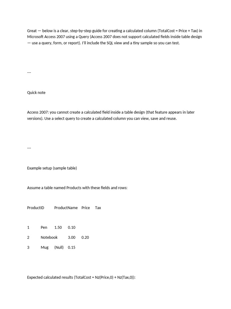 Create Calculated Column in Access 2007 | PDF | Microsoft Access ...
