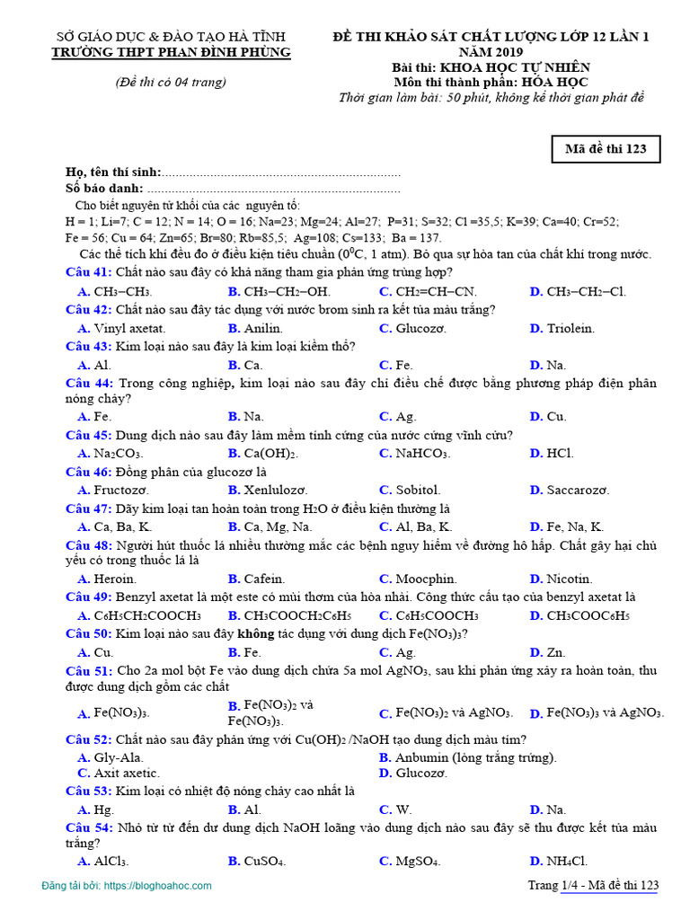 Thi TH MN Ton THPT Phan NH PHNG - H TNH LN 1 - 2019 | PDF