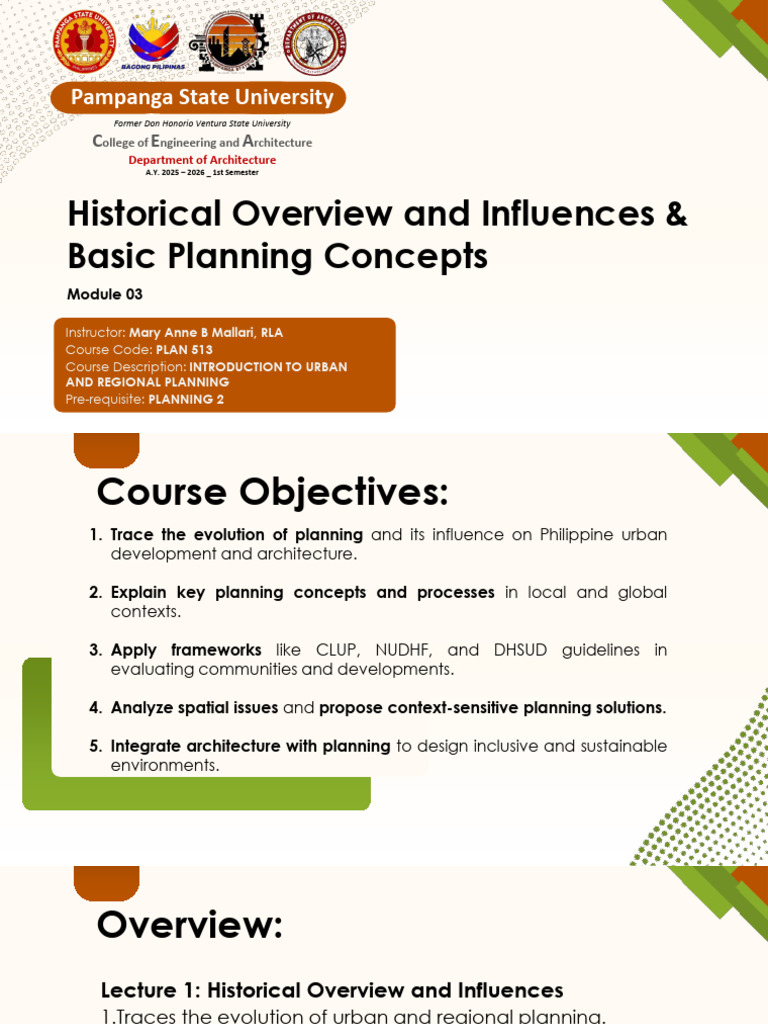 MODULE 3 Historical Overview and Influences Basic Planninng Concepts ...