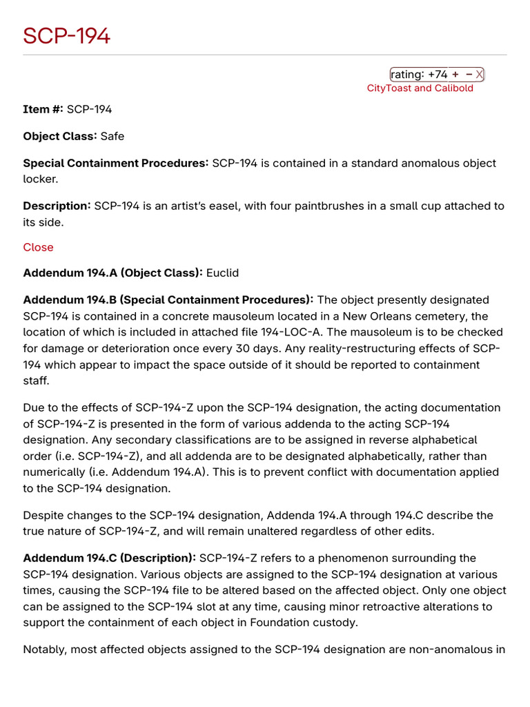 SCP-194: Artist's Easel Containment | PDF | Addendum