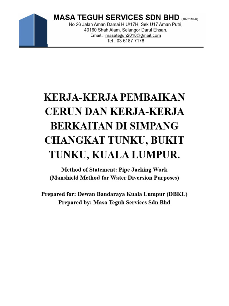 Manshield Pipe Jacking Method Statement | PDF | Pipe (Fluid Conveyance ...