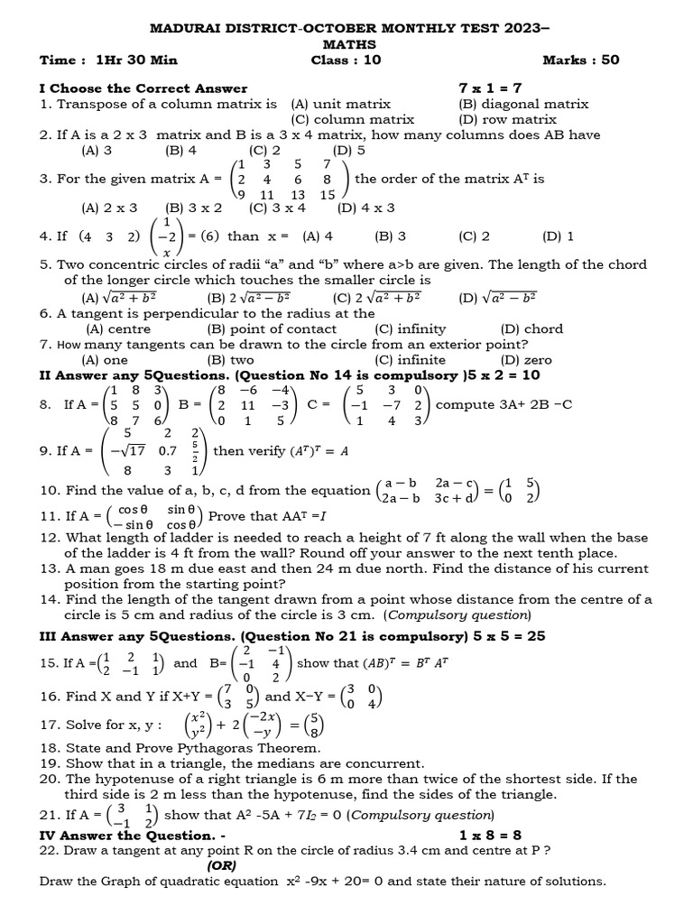Madurai Class 10 Maths Test October 2023 | PDF | Circle | Elementary ...