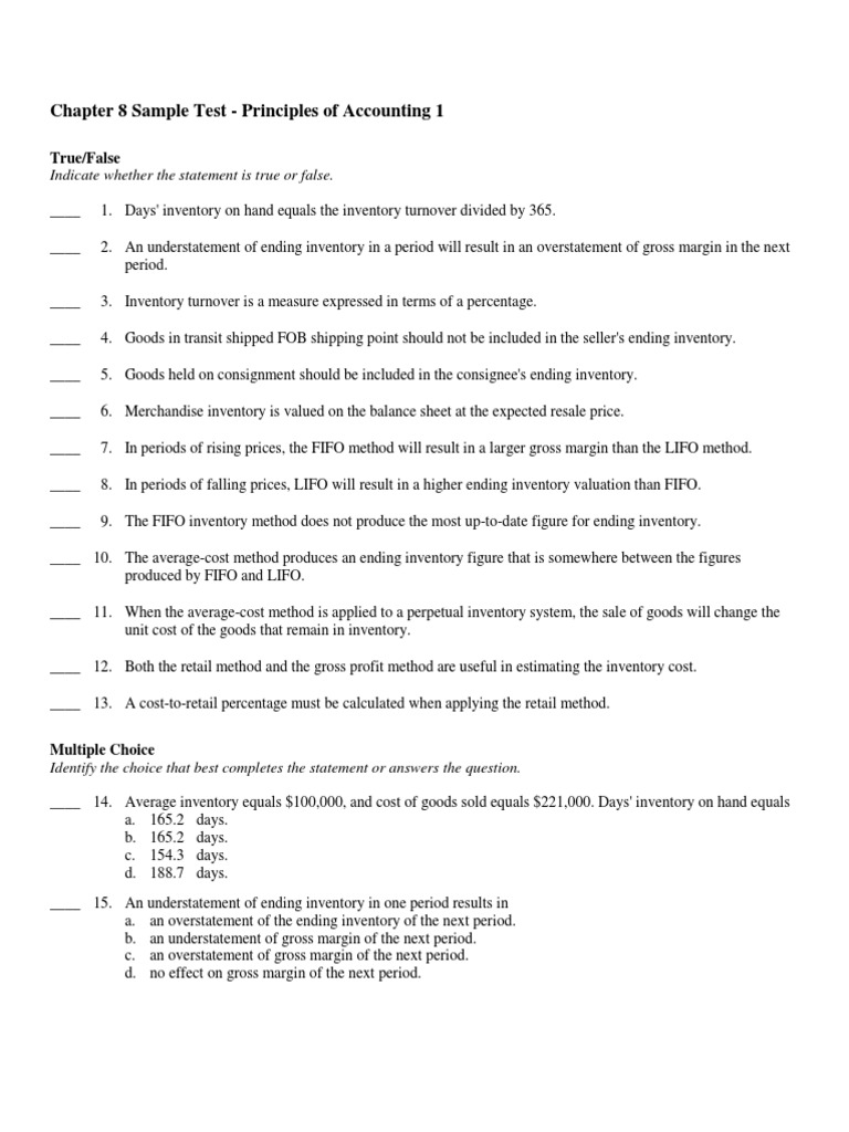 Accounting 1 Chapter 8 Test Questions | PDF | Inventory Valuation ...