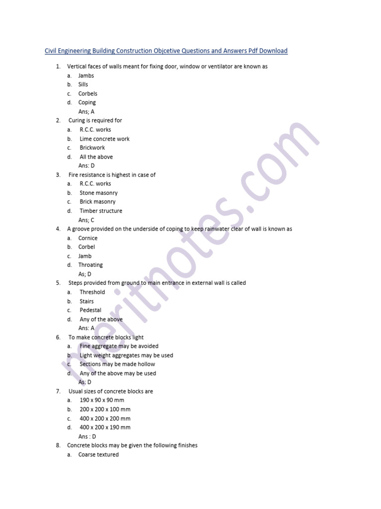 Civil Engineering Construction Quiz PDF | PDF