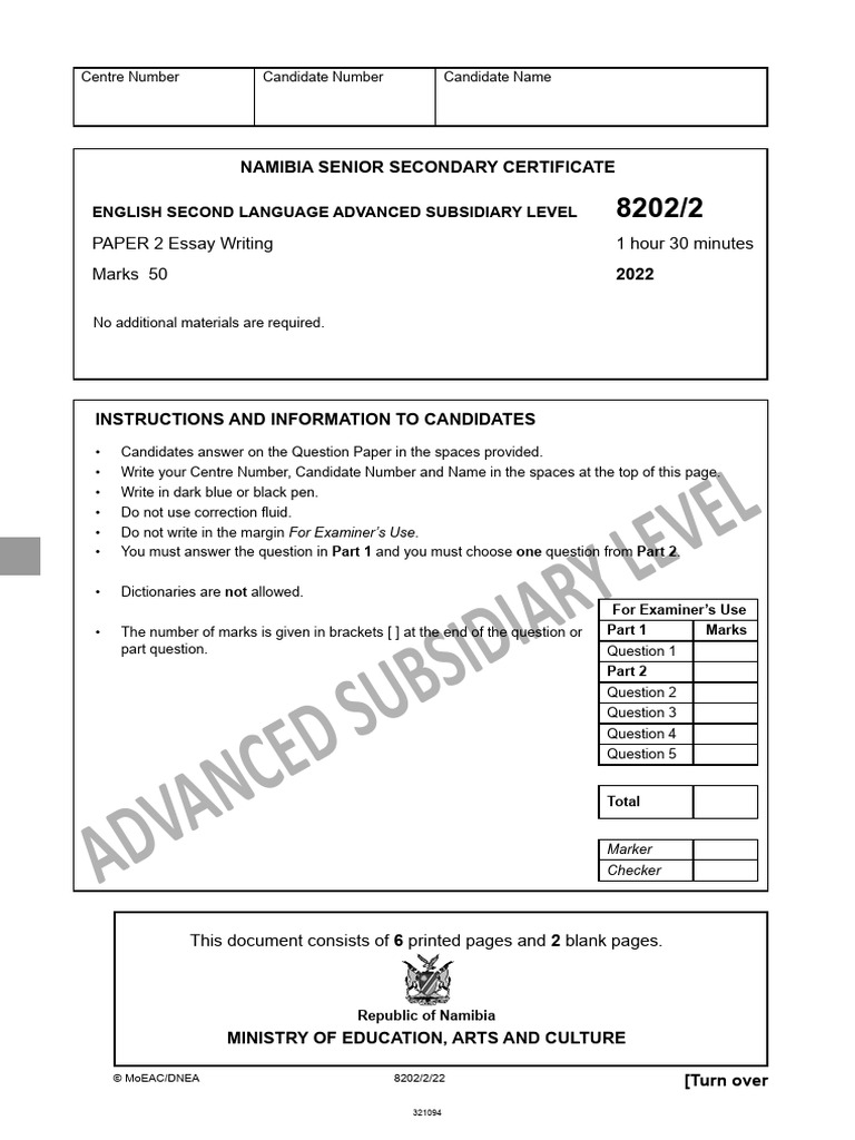 Namibia NSSC English Paper 2 Instructions | PDF