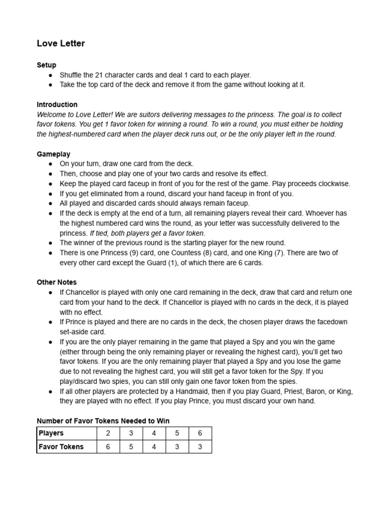 Love Letter Game Rules and Setup Guide | PDF | Games Of Mental Skill ...