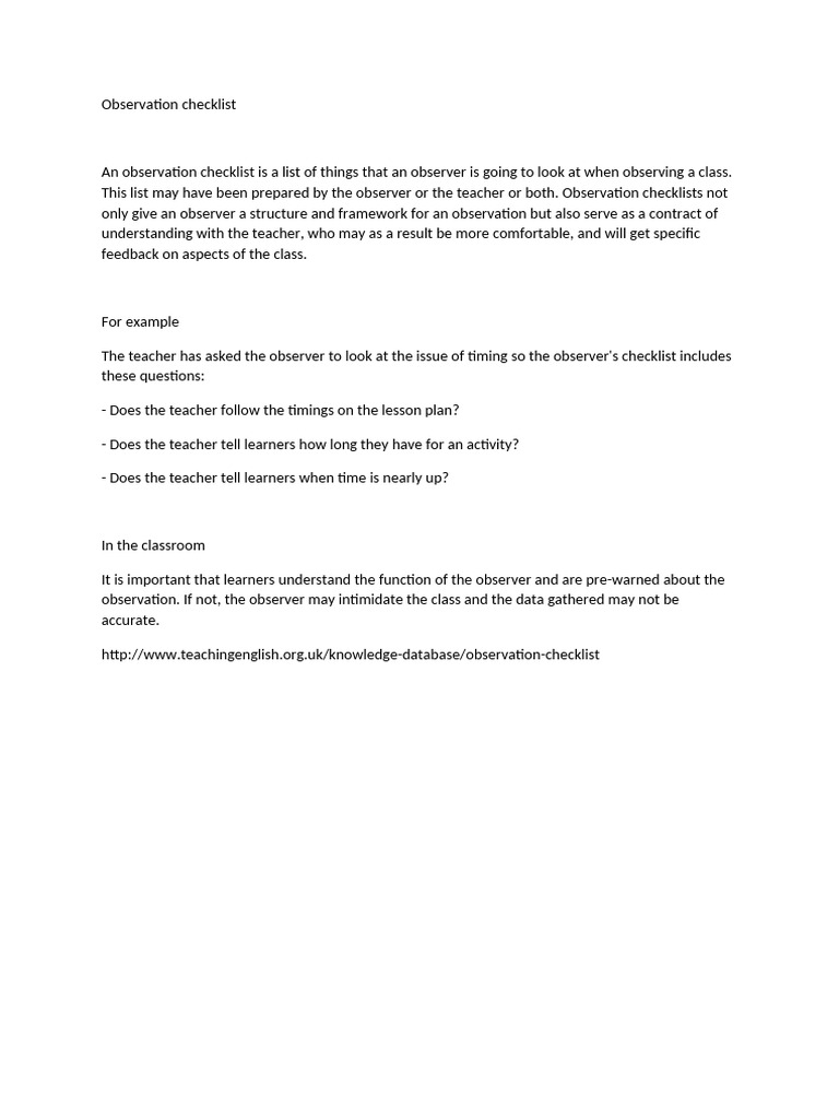 Classroom Observation Checklist Guide | PDF