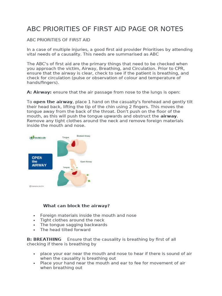 ABC PRIORITIES OF FIRST AID PAGE OR NOTES (1) (2) | PDF | Heart | First Aid