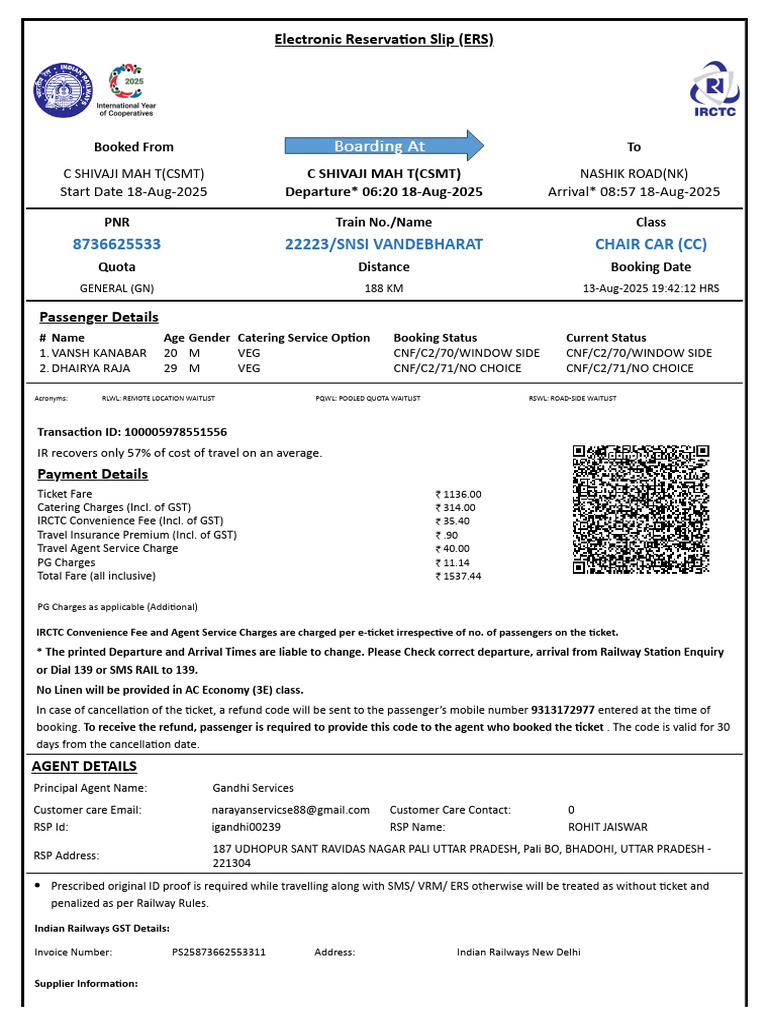 Indian Railways Passenger Booking Details | PDF | Identity Document