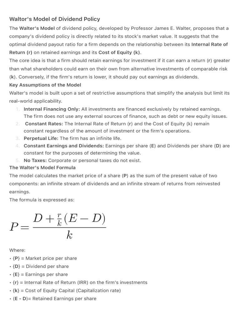 Walter's Dividend Policy Model Explained | PDF | Dividend | Internal ...