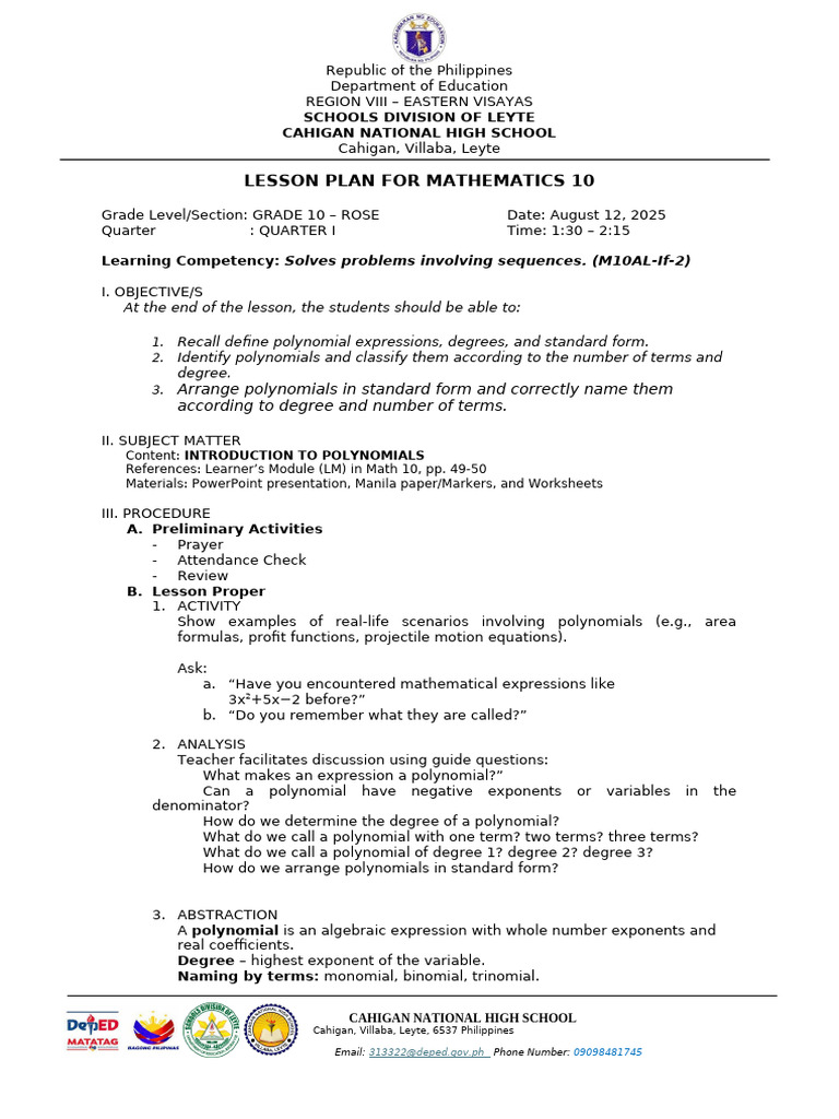 Lesson 12 Introduction To Polynomials | PDF | Polynomial | Mathematical ...