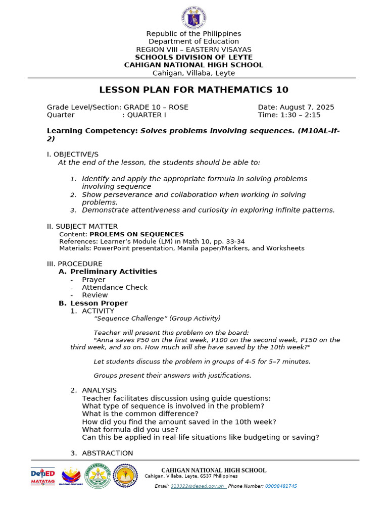 Grade 10 Math Lesson Plan on Sequences | PDF | Mathematics | Learning