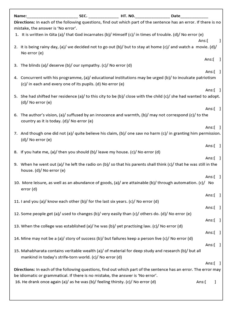 Sentence Error Identification Practice | PDF