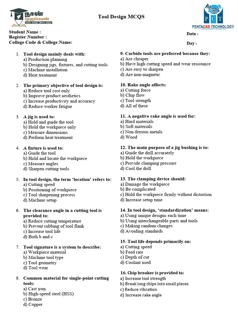 Tool Design MCQs for Engineering Students | PDF | Machining | Metalworking