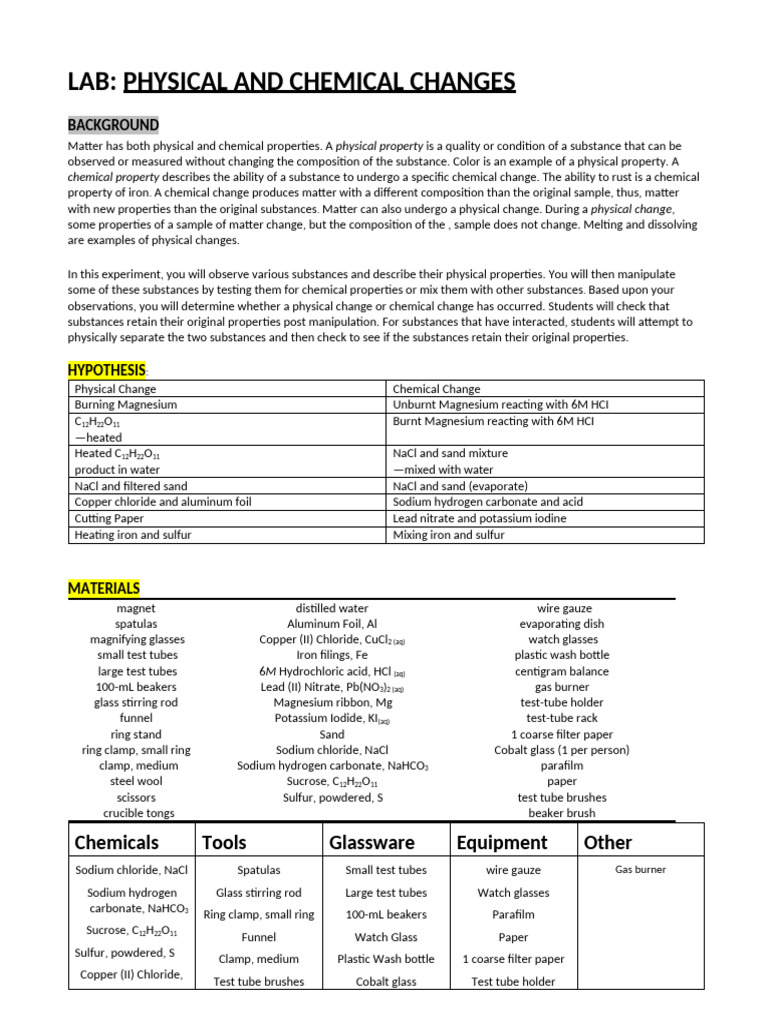 Physical and Chemical Changes Lab | PDF | Chemical Substances | Magnesium