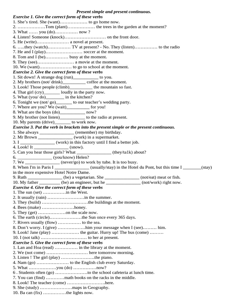 Present Simple vs. Present Continuous Exercises | PDF